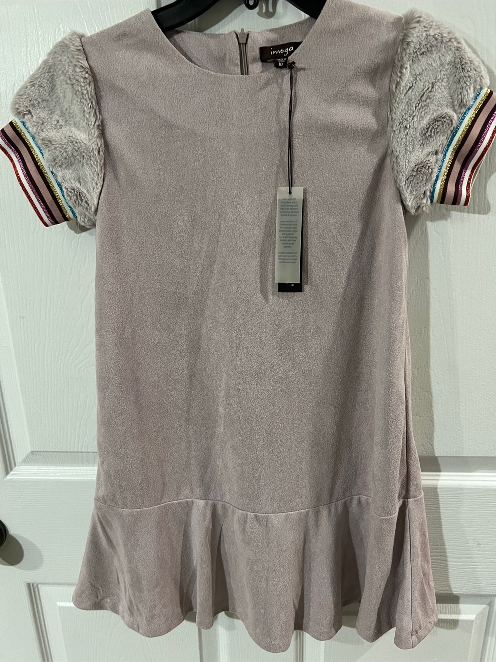 NWT-Imoga Lilac Faux-Suede Dress with Striped Trim and Faux-Fur Sleeves